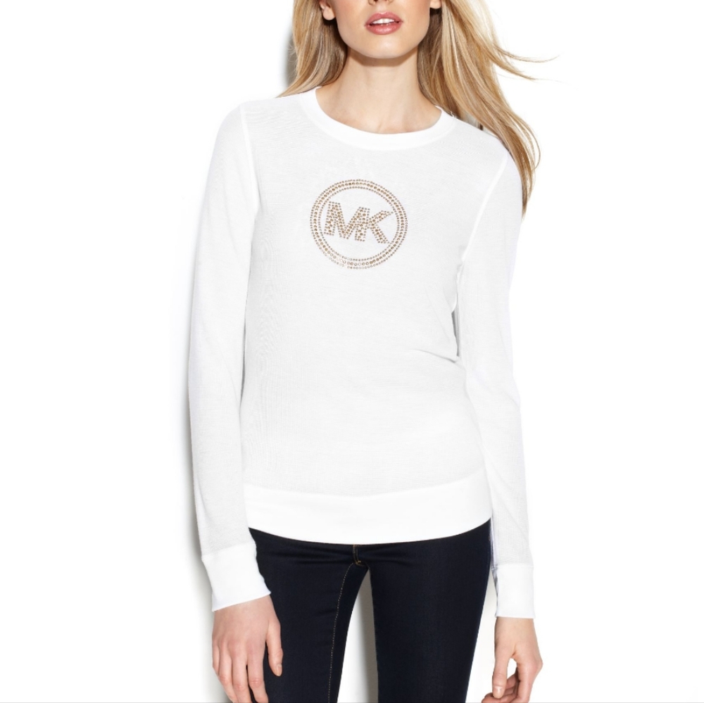 Michael Kors long sleeve top gold MK studded circle logo Sz.S NWT